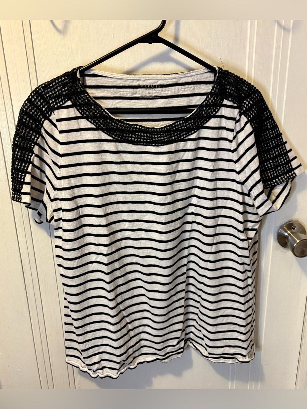 Talbots Black & White Striped Tee with Crochet Shoulders